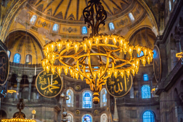 Fototapeta na wymiar Hagia Sophia Hagia Sofia, Ayasofya interior in Istanbul, Turkey, Byzantine architecture, city landmark and architectural world wonder. Turkiye