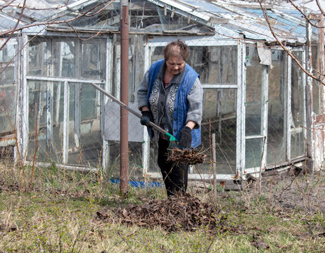 A woman in a blue dress cleans the garden with a rake