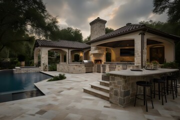 Fototapeta na wymiar Beautiful custom outdoor kitchen & living area design of high-end luxury style custom homes.