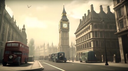 Plakat City of London in 1890, London with big ben a century ago