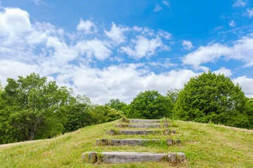 Fototapeta na wymiar 芝生の丘と木製の階段　馬見丘陵公園