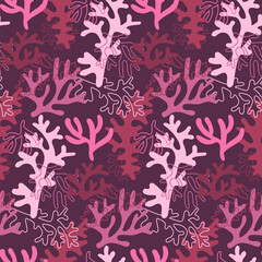 Seamless coral reef pattern. Purple underwater background of the ocean world in vintage style. A hand-drawn underwater natural element. Marine Seamless repeating design for Fabric, Textile, Paper