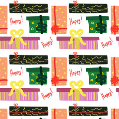 A pattern with gift boxes with the text of happy. Seamless background of hand-drawn highlighted on a white. Multicolored textiles in wrapping paper. The concept of shopping for Birthday, Christmas