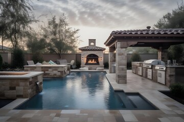 Beautiful custom outdoor kitchen & living area design of high-end luxury style custom homes.