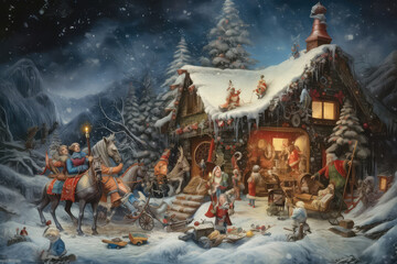digital painting of merry christmas party, illustration painting (ai generated)