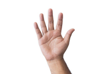 Close-up man's hand goodwill gesture. Open outstretched hand, showing five fingers, extended in...