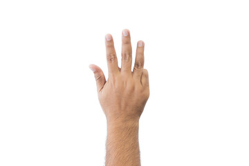 Close-up man's back of hand. Open outstretched hand, showing five fingers means number nine, extended in greeting copy space isolated on white background. Space for text.