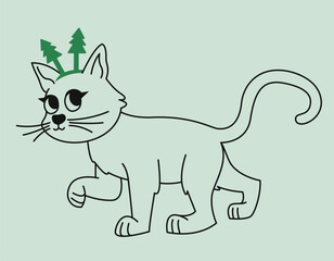 Cat with Christmas trees headband. Cute animal in doodle style.