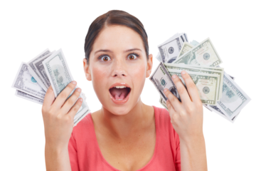 Shocked woman, money and surprise in financial freedom or savings isolated on a transparent PNG background. Portrait of surprised female person winning cash in lottery prize, investment or bonus
