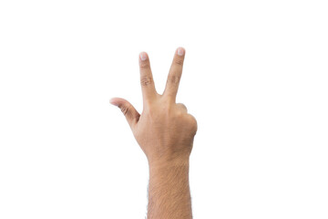 Close-up man's back of hand. Open outstretched hand, showing three fingers means number eight, extended in greeting copy space isolated on white background. Space for text.