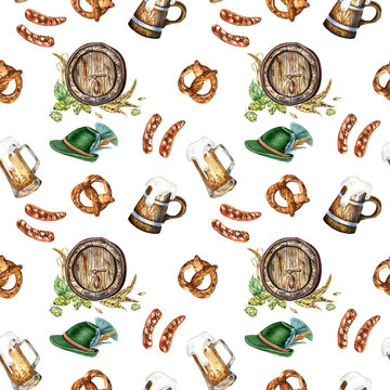 Wooden beer barrel and mug, german hat watercolor seamless pattern isolated on white. Hop, wheat ear, pretzel, sausages hand drawn. Design for brewing, wrapping, label, packaging, paper, background