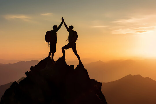 Accomplishment concept: silhouette of two hikers giving high five on mountain top