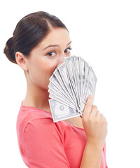 Cash, dollars and money fan over face of woman with investment growth, savings and prize. Winner,...