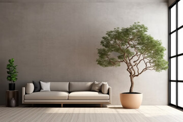 Home minimal interior design living room with beige cozy tone style, decorate with clean home furniture, and warm tone background, empty wall for mock up and banner, with Generative Ai.