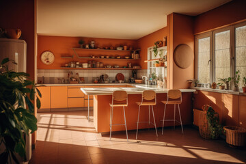 Classic old vintage interior kitchen room with minimal cozy tone style, decorate with counter table. chairs and warm tone background, with Generative Ai.