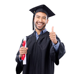 Portrait, thumbs up and graduation of man with certificate isolated on a transparent png...