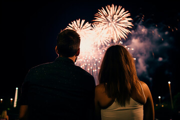 couple from behind watching at fireworks, love