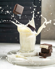 Soft marshmallow chocolate candies falling into a glass of milk, creating a dynamic splash. Creative dessert composition with motion freeze, white surface, and clean food photography styling.