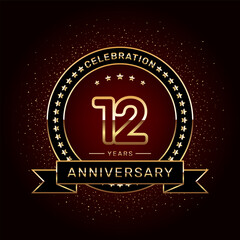 12th anniversary celebration logo design with a golden ring and ribbon, vector template