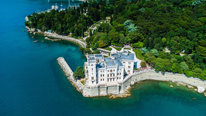 Miramare Castle Trieste Italy drone aerial view. Landscape, background  - obrazy, fototapety, plakaty