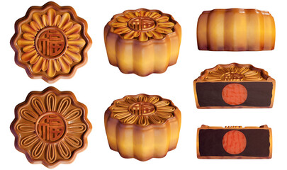 3D rendering of Mid-Autumn Festival traditional dim sum mooncakes, a set of mooncakes from different angles