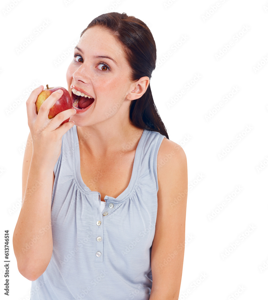 Canvas Prints Eating apple, portrait and health woman with healthy food to lose weight, diet or detox for health care. Wellness, red fruit and happy face of young vegan girl isolated on transparent png background