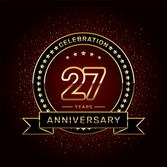 Fototapeta na wymiar 27th anniversary celebration logo design with a golden ring and ribbon, vector template
