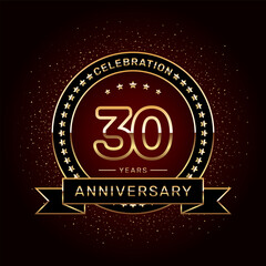 30th anniversary celebration logo design with a golden ring and ribbon, vector template