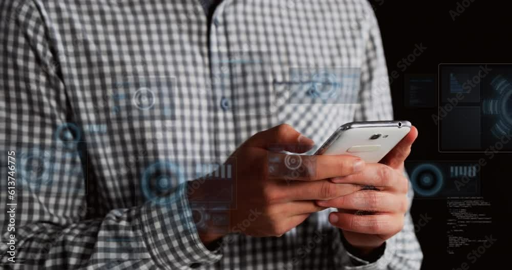 Poster animation of round scanners and data processing against mid section of a man using smartphone