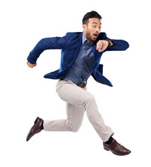 Wristwatch, jump and Asian man late, time or consultant isolated on a transparent background. Male...