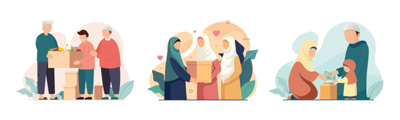 Set of Muslim people giving donation and charity flat style vector illustration