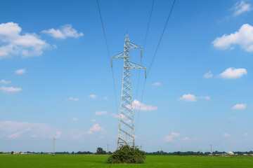 Obraz premium Electricity pylon pole landscape blue sky sun backlight current electricity