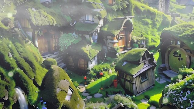 Footage Animated, Enveloped by misty hills, these diminutive dwarven houses exude an enchanting ambiance, evoking a sense of wonder and igniting the imagination