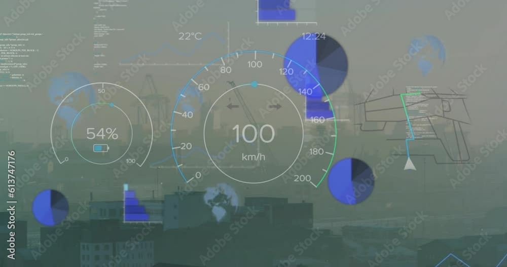 Poster animation of car interface with speedometer and data processing against aerial view of cityscape