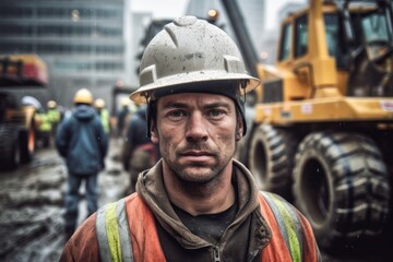 Portrait of Successful worker Wearing Hard Hat and Safety Vest Standing on a Commercial Building Construction Site - obrazy, fototapety, plakaty