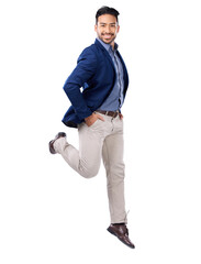 Fototapeta premium Portrait, business and man excited, jump and positive mindset isolated against a transparent background. Male person, entrepreneur and winner with happiness, energy and jumping with png and success