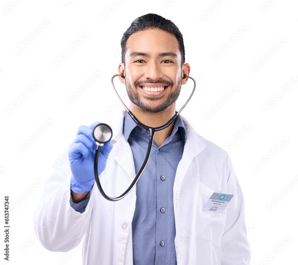 Sticker Doctor, healthcare and man, listen with stethoscope and smile with confidence isolated on transparent png background. Asian male physician, medical professional and portrait, health and equipment