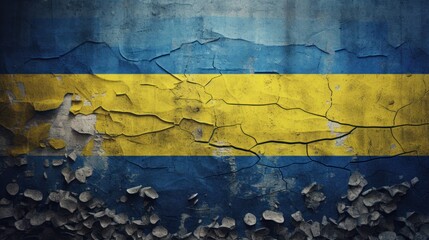 Ukraine Flag on War-Torn Grunge Background. Flag from Ukraine on a wall.