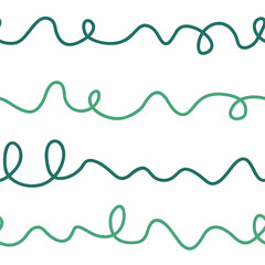 Hand drawn seamless vector pattern with green curving lines on a white background.