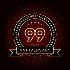 99th anniversary celebration logo design with a golden ring and ribbon, vector template
