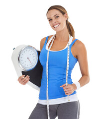 Isolated woman, scale and measuring tape in portrait to lose weight, smile and transparent png...
