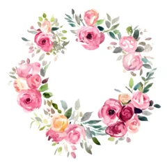 Fototapete Blumen Circle frame with watercolor flowers yellow and pink roses and green leaves. Round template isolated on white