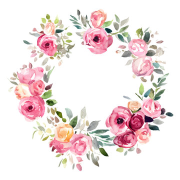 Circle frame with watercolor flowers yellow and pink roses and green leaves. Round template isolated on white