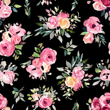 Pink roses watercolor seamless pattern on black background, vintage print with green leaves and flowers