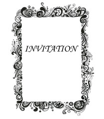 Frame with black contour decor on a white background. Invitation, card, greeting. Refined black lines. Ornament, curls, circles, wavy lines, cracks.