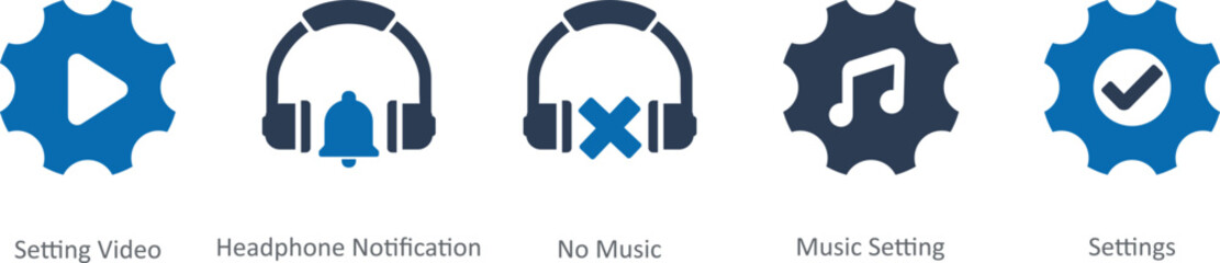 A set of 5 Contact icons as setting video, headphone notification, no music