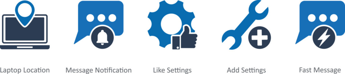 A set of 5 Contact icons as laptop location, message notification, like settings