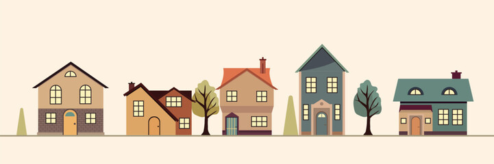 Houses exterior vector illustration front view with roof. Townhouse building apartment. Home facade with doors and windows.