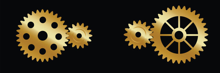 Set of two gold gears of different sizes. Setting gears icon. Cogwheel group. Gear design collection on white background.