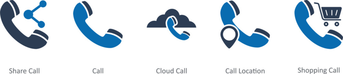 A set of 5 Contact icons as share call, call, cloud call, call location
